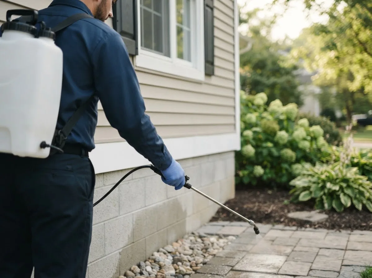 Pest control technician inspecting a home in Lennon, MI